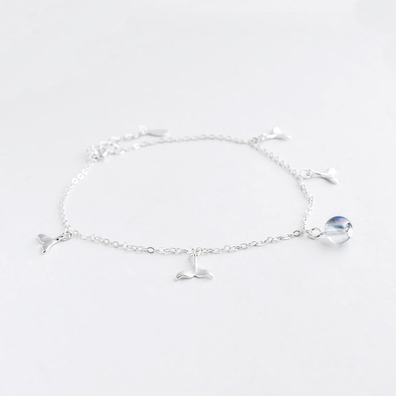 Luxyin S925 Sterling Silver Mermaid Tail Anklet with Iridescent Glass Beads