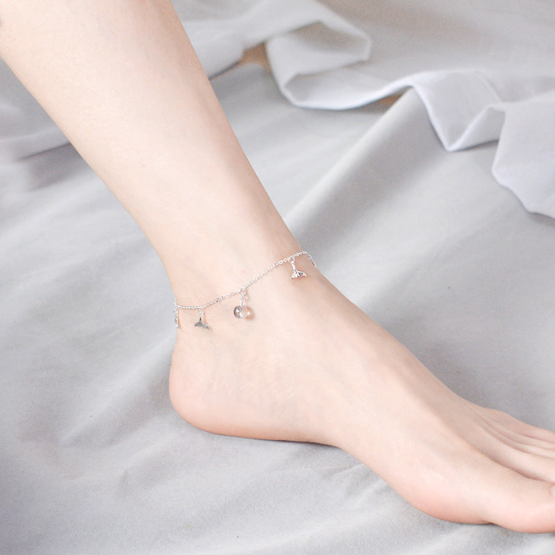 Luxyin S925 Sterling Silver Mermaid Tail Anklet with Iridescent Glass Beads