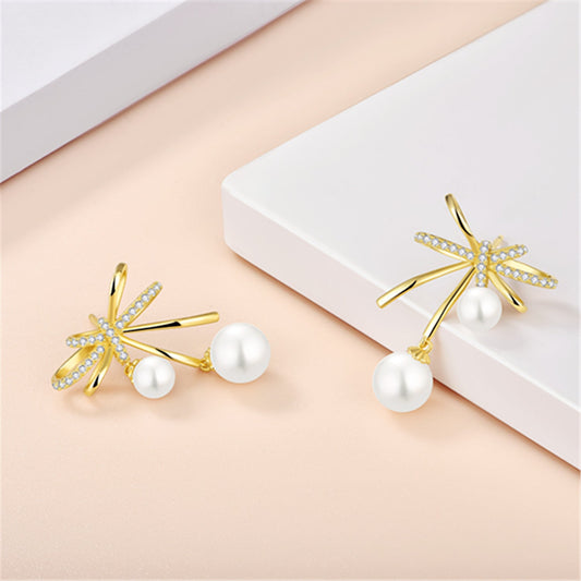 S925 Sterling Silver Butterfly Bow Pearl Earrings