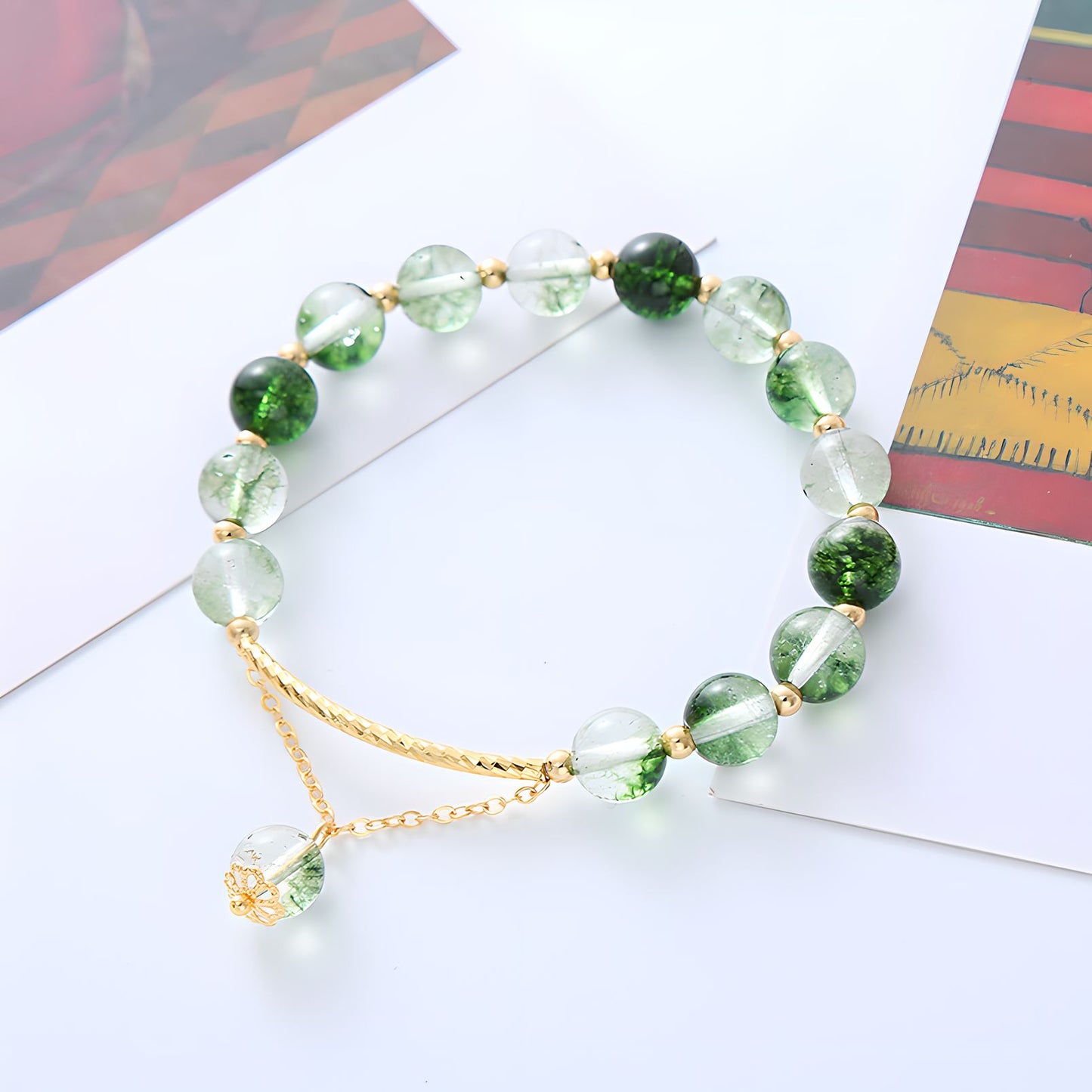 Pulsera de cuentas de cristal de cuarzo fantasma verde Luxyin Afra
