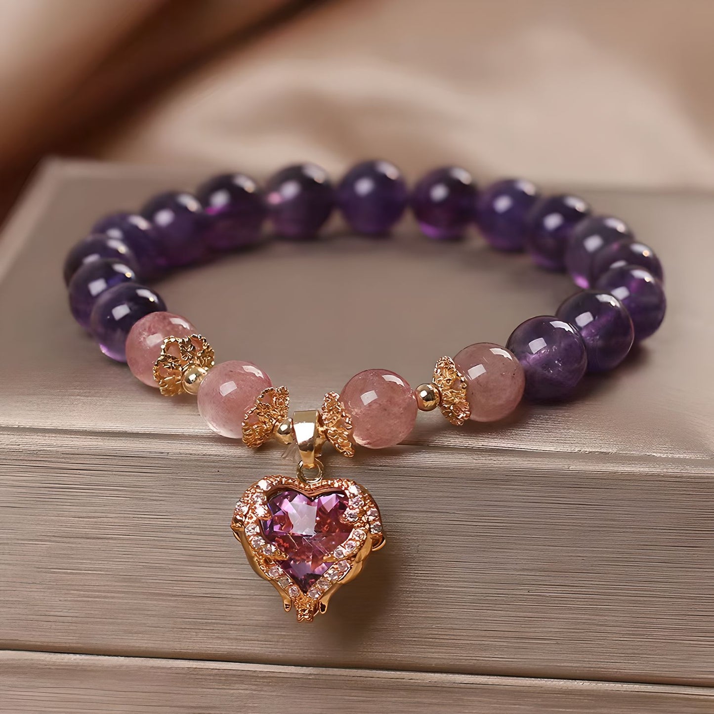 Luxyin Ashley pulsera de cuentas de cristal de amatista con colgante de corazón