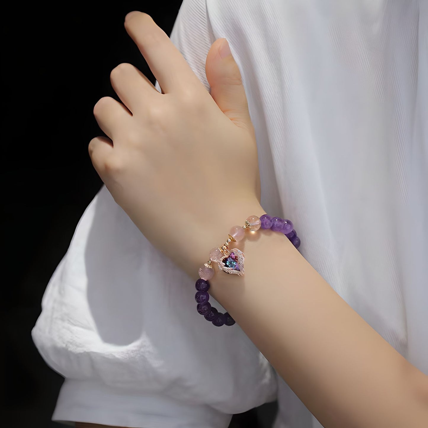 Luxyin Ashley pulsera de cuentas de cristal de amatista con colgante de corazón