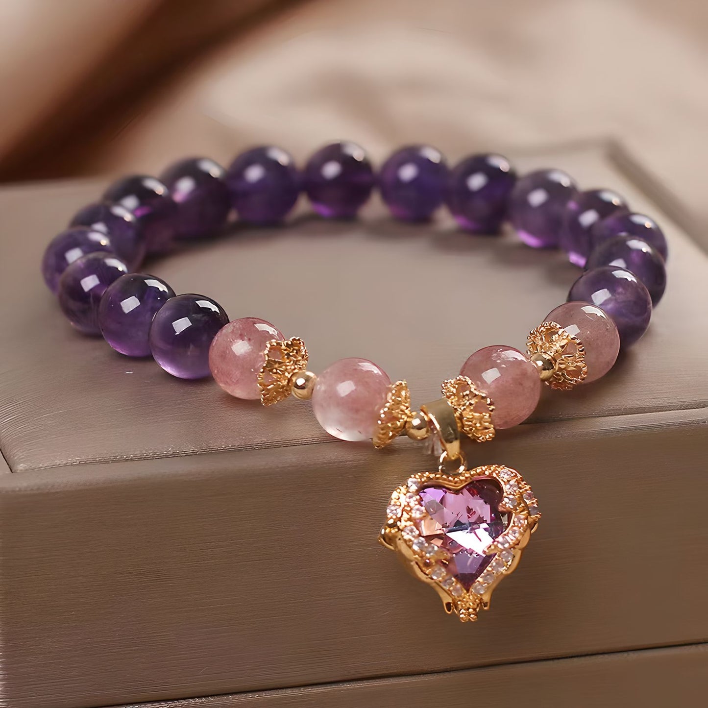 Luxyin Ashley pulsera de cuentas de cristal de amatista con colgante de corazón