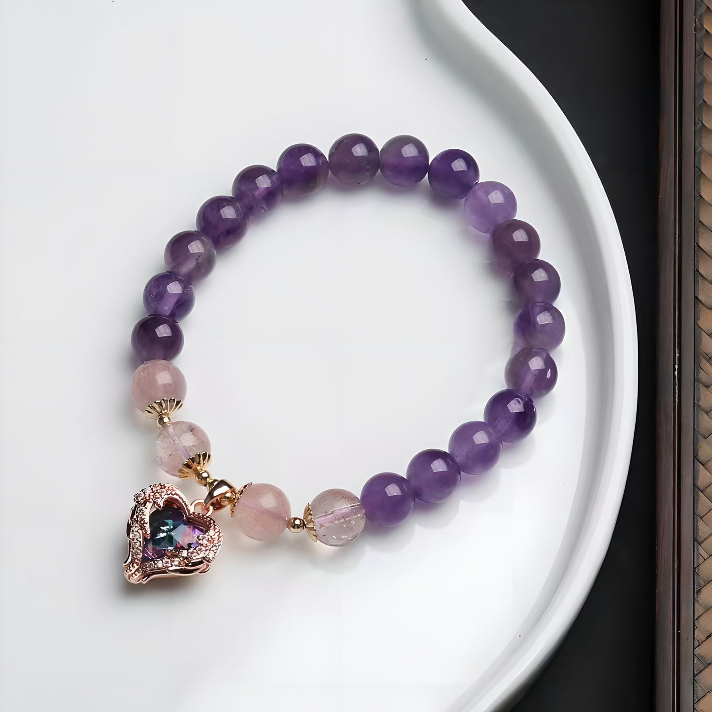 Luxyin Ashley pulsera de cuentas de cristal de amatista con colgante de corazón