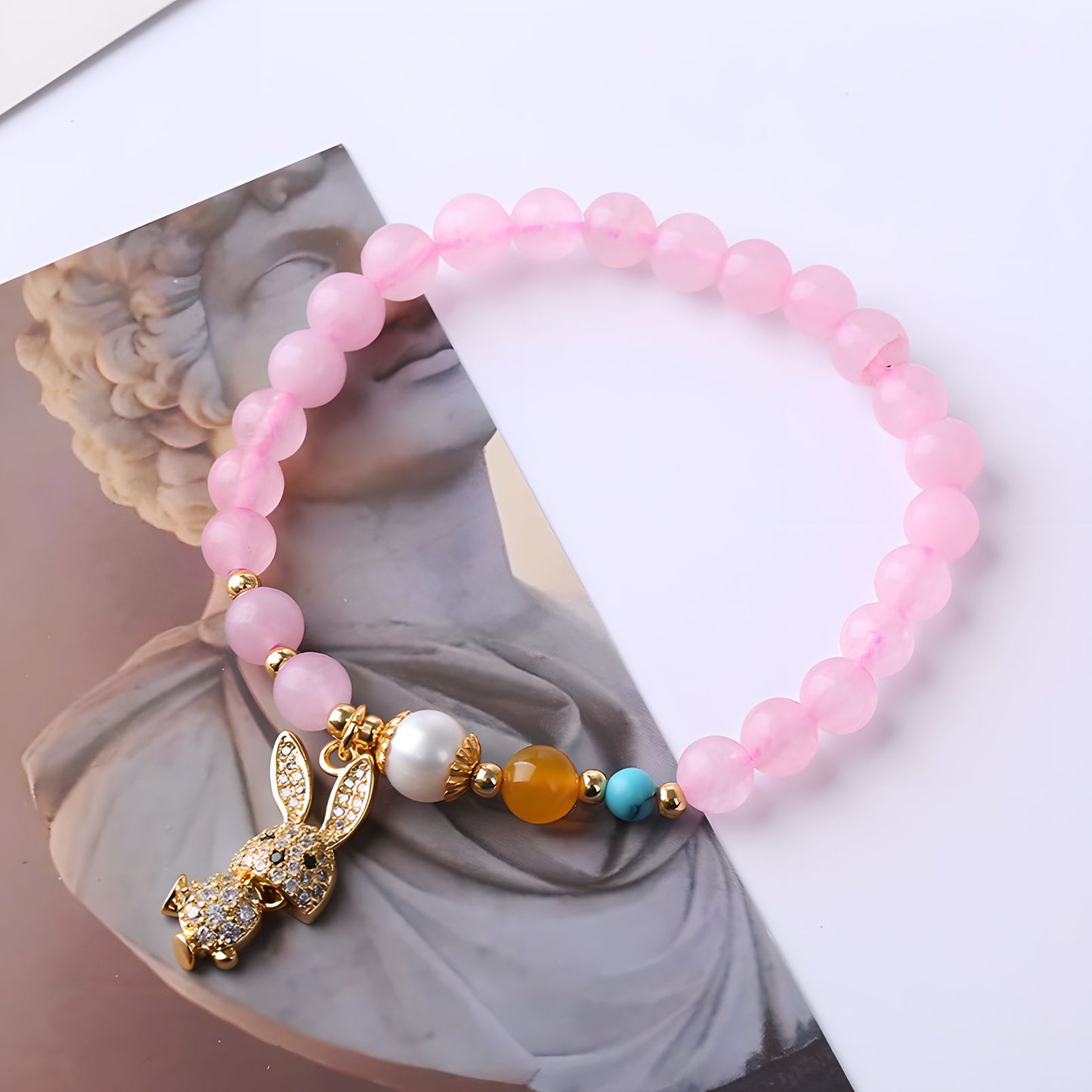 Luxyin Penélope pulsera de cuentas de cristal de cuarzo rosa