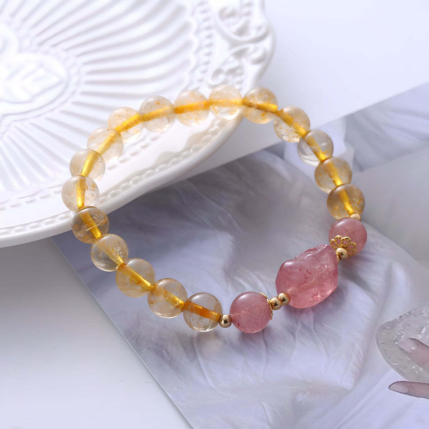 Luxyin Penny pulsera de cuentas de cristal de cuarzo de fresa