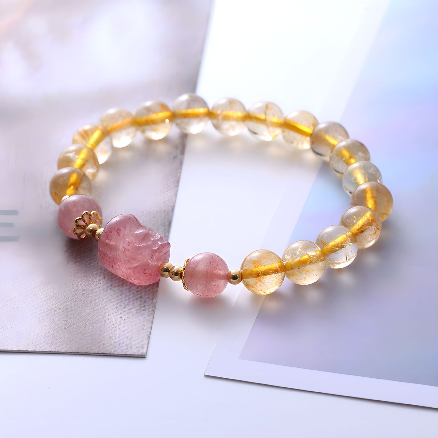 Luxyin Penny pulsera de cuentas de cristal de cuarzo de fresa