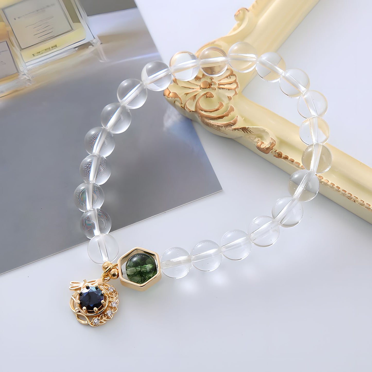 Pulsera de cuentas de cristal de cuarzo transparente Luxyin Sabina