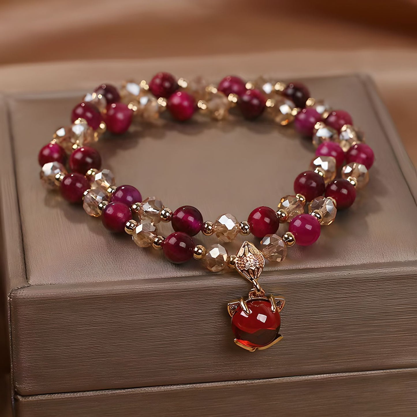 Luxyin Susie Pulsera de cuentas de piedra de ojo de tigre con colgante de zorro