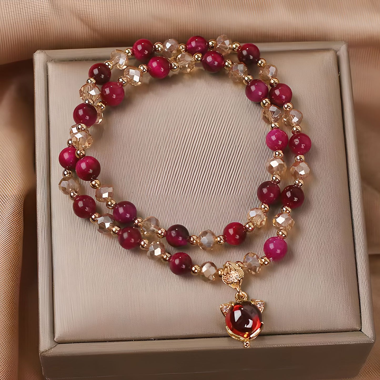 Luxyin Susie Pulsera de cuentas de piedra de ojo de tigre con colgante de zorro