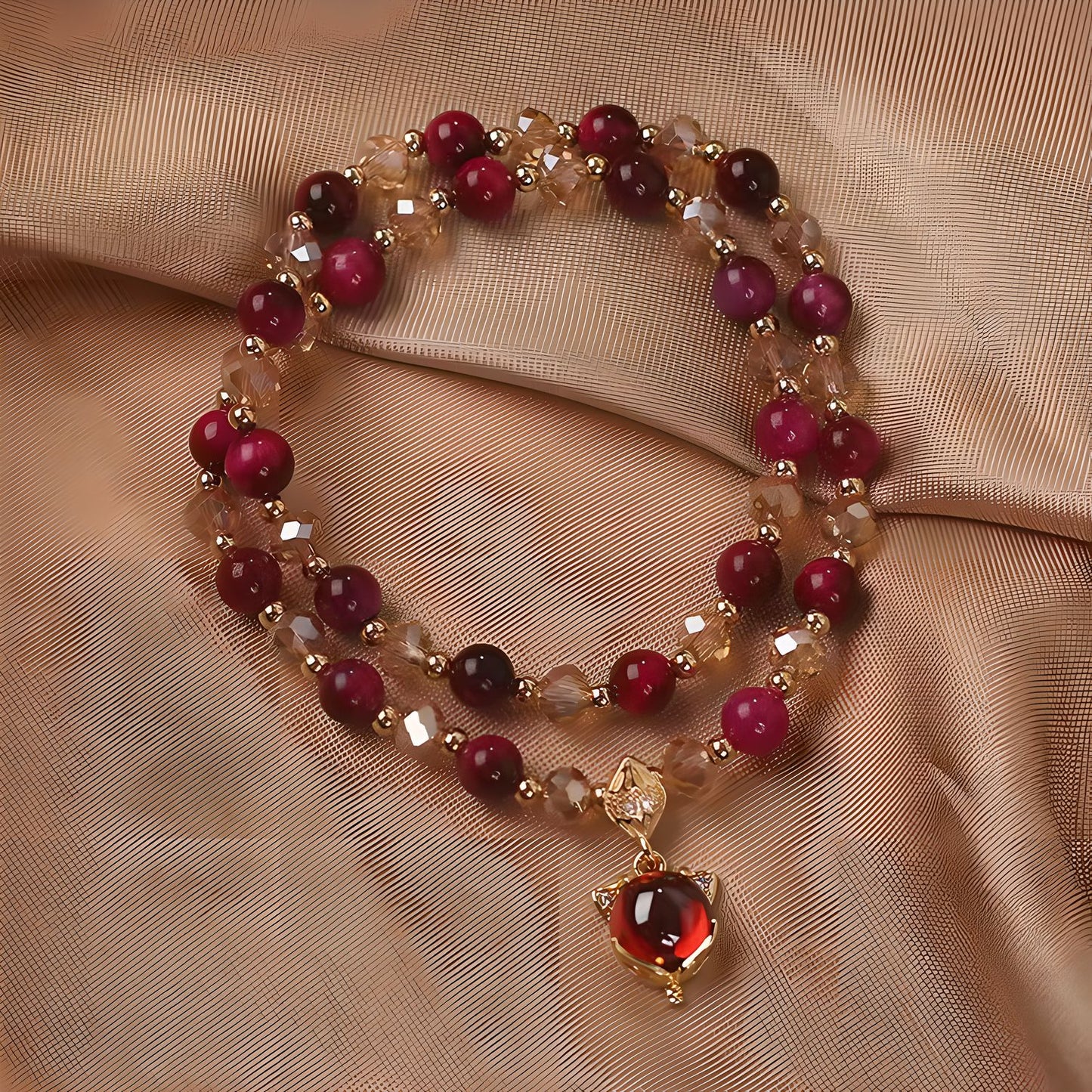 Luxyin Susie Pulsera de cuentas de piedra de ojo de tigre con colgante de zorro