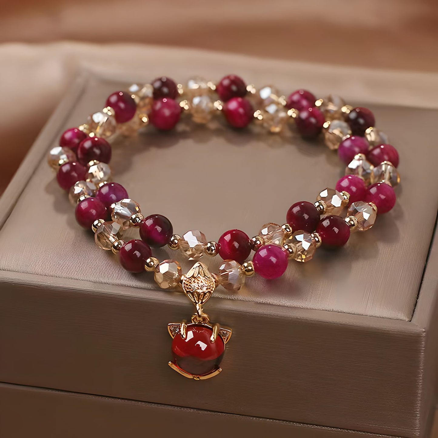 Luxyin Susie Pulsera de cuentas de piedra de ojo de tigre con colgante de zorro