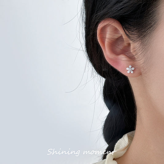 S925 Silver Flower Zircon Stud Earrings Fresh Sweet Design