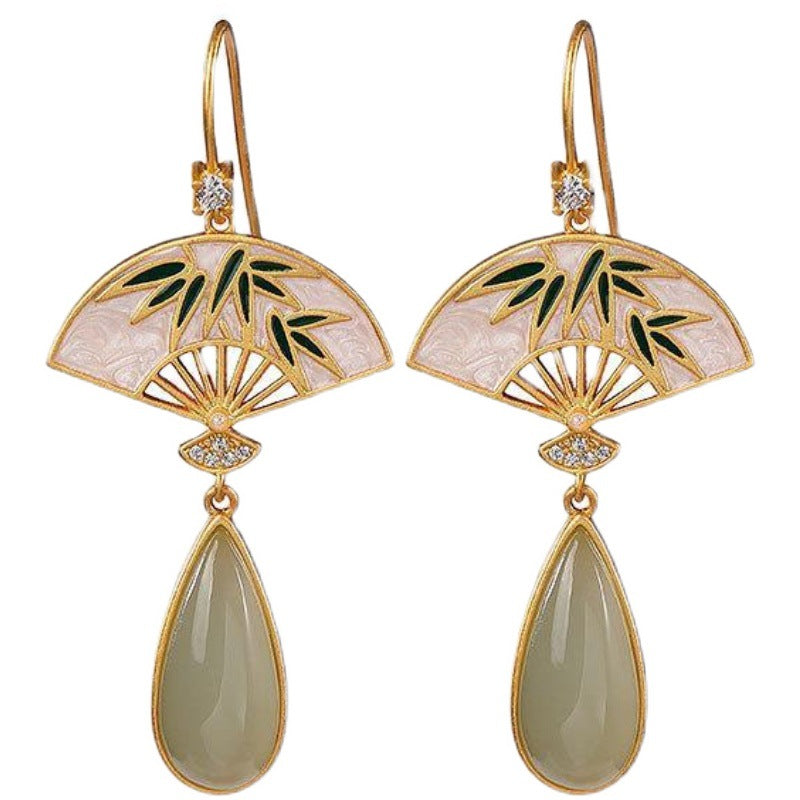 Luxyin Retro Jade Fan Drop Earrings