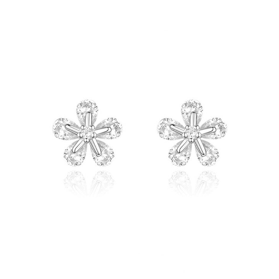 S925 Silver Flower Zircon Stud Earrings Fresh Sweet Design