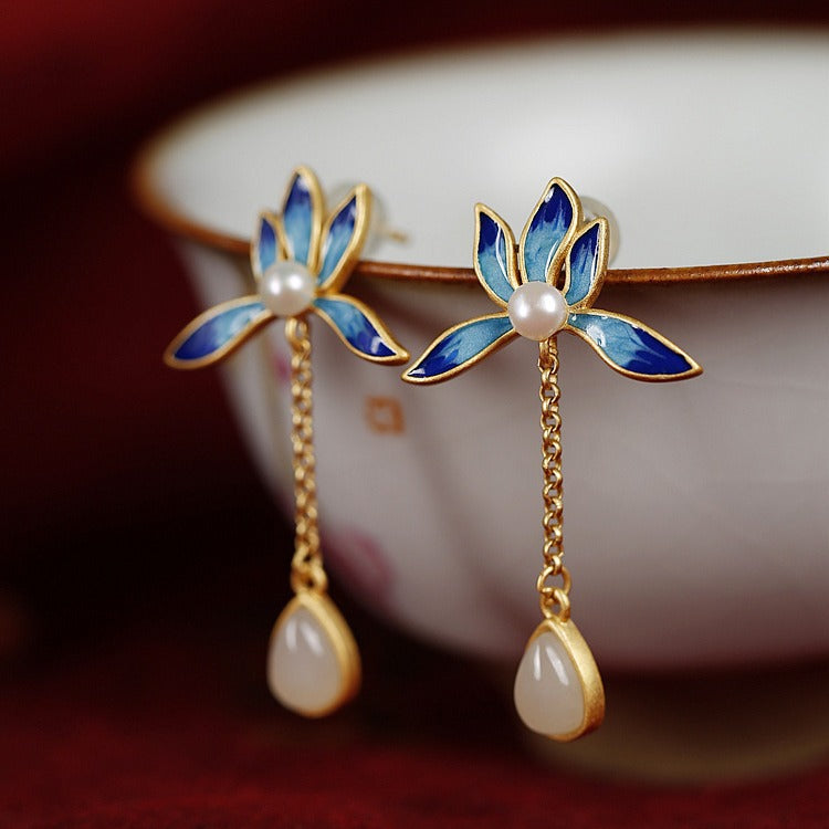 Luxyin Lotus Whisper Jade Drop Earrings - Silver Serenity