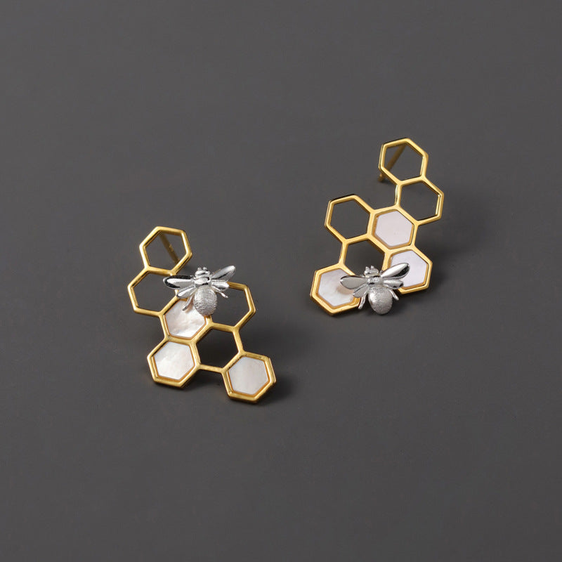 Luxyin Honeycomb & Bee Sterling Silver Studs
