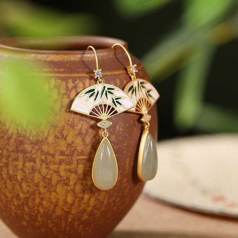 Luxyin Retro Jade Fan Drop Earrings