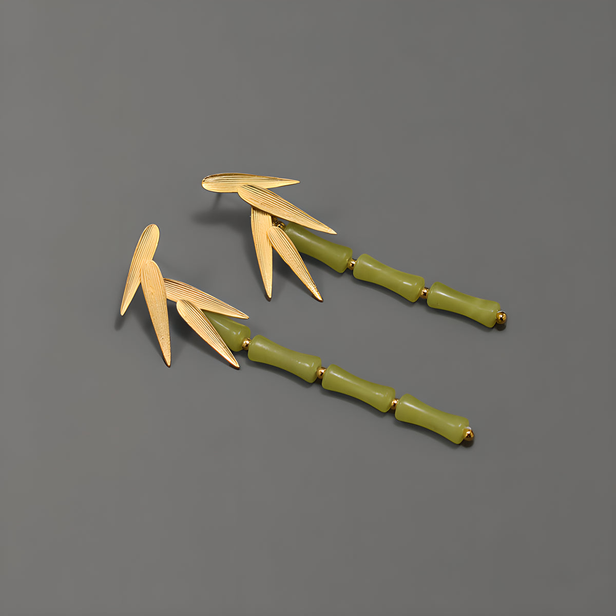 Green Lemon Jade Bamboo Leaf Dangle Earrings in Sterling Silver