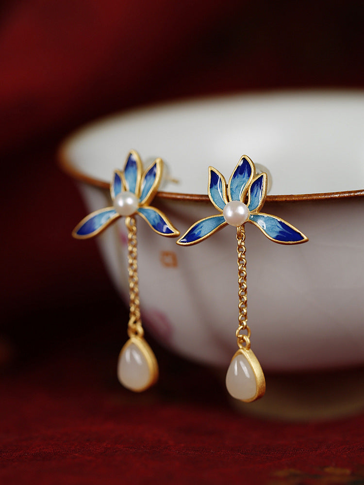 Luxyin Lotus Whisper Jade Drop Earrings - Silver Serenity