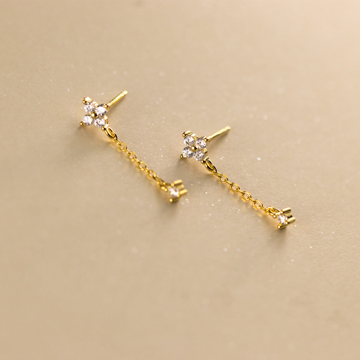 Sterling Silver Four-Leaf Clover Tassel Stud Earrings with Zirconia