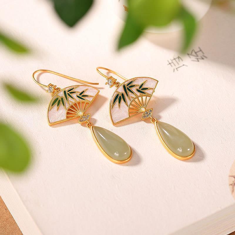 Luxyin Retro Jade Fan Drop Earrings