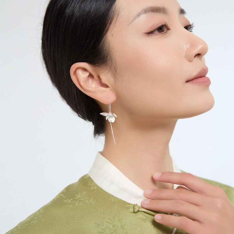 Luxyin Magnolia Whisper: Sterling Silver Floral Drop Earrings