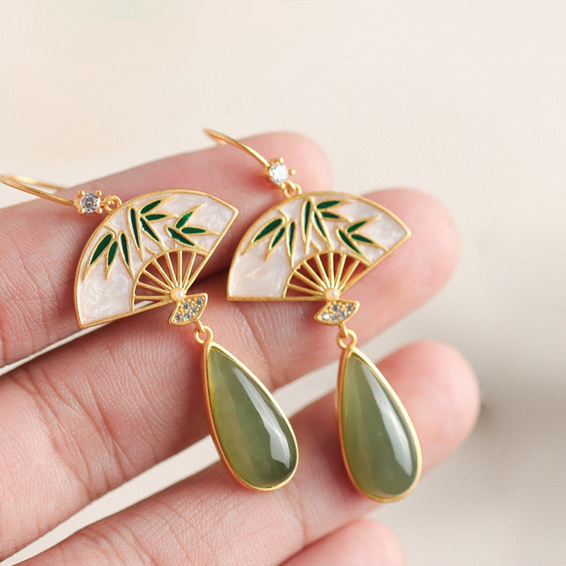 Luxyin Retro Jade Fan Drop Earrings