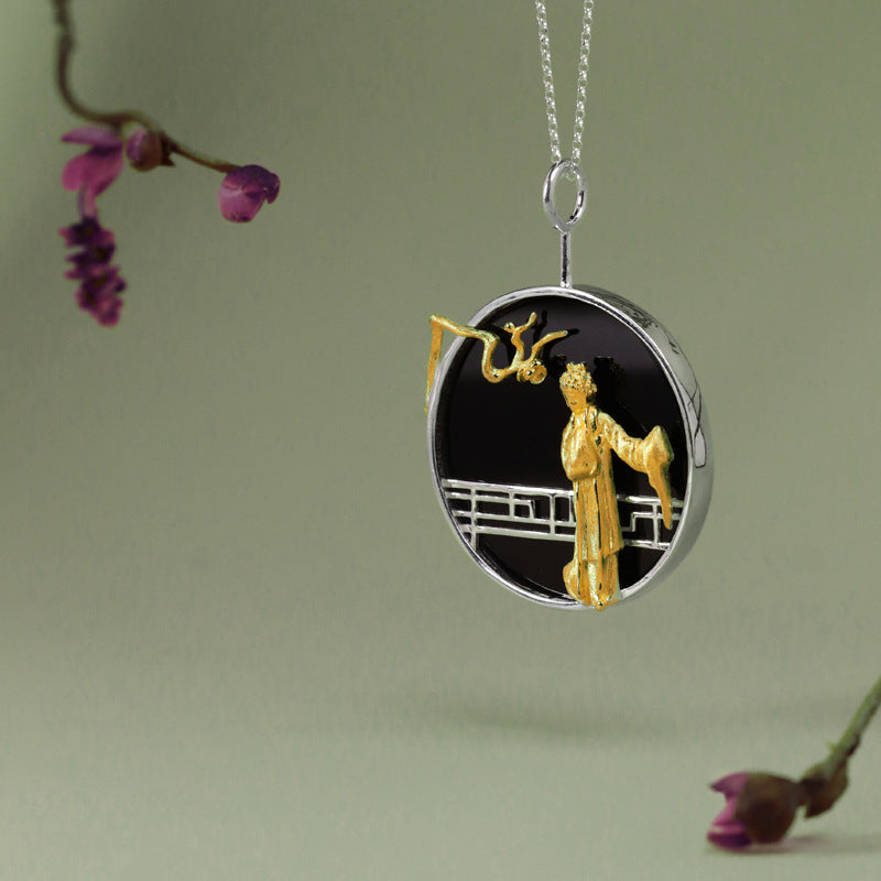 Luxyin Dream Garden: Black Agate & Sterling Silver Opera Necklace