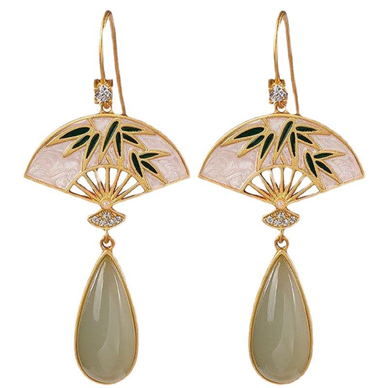 Luxyin Retro Jade Fan Drop Earrings