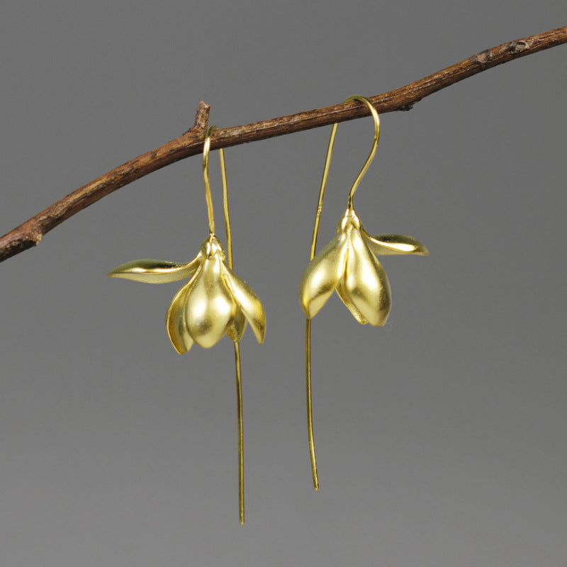 Luxyin Magnolia Whisper: Sterling Silver Floral Drop Earrings