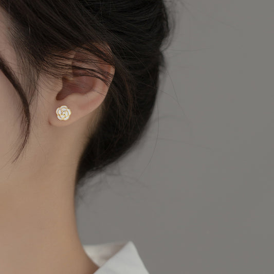 S925 Sterling Silver Resin Camellia Flower Faux Pearl Stud Earrings