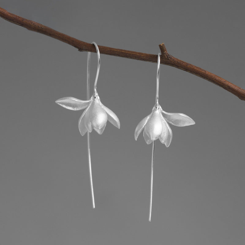Luxyin Magnolia Whisper: Sterling Silver Floral Drop Earrings