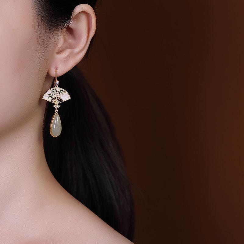 Luxyin Retro Jade Fan Drop Earrings
