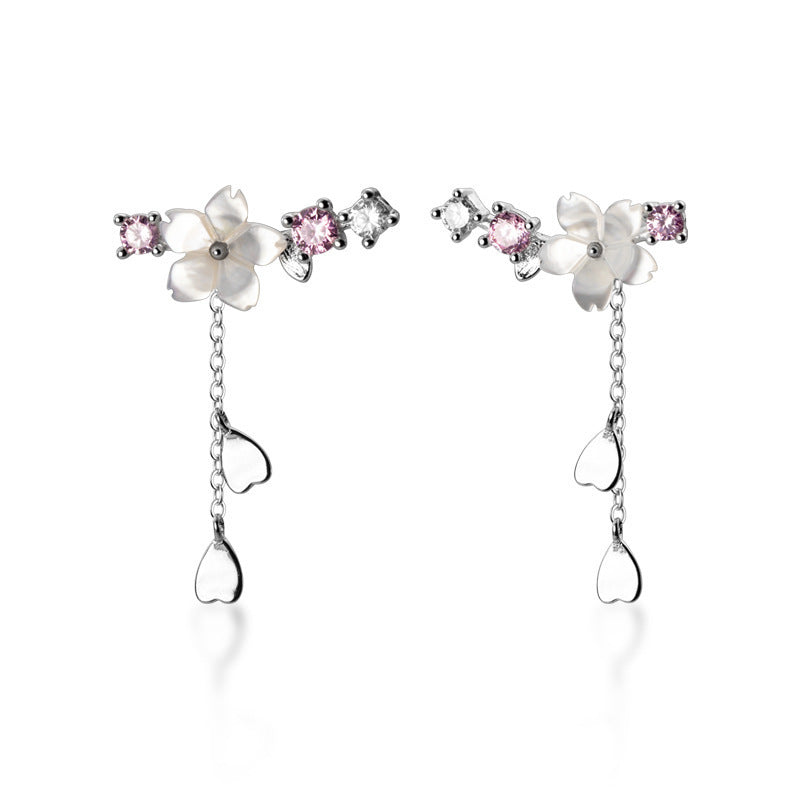 S925 Sterling Silver Five-Petal Flower Heart Tassel Drop Earrings