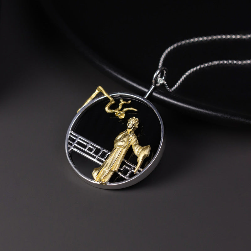 Luxyin Dream Garden: Black Agate & Sterling Silver Opera Necklace