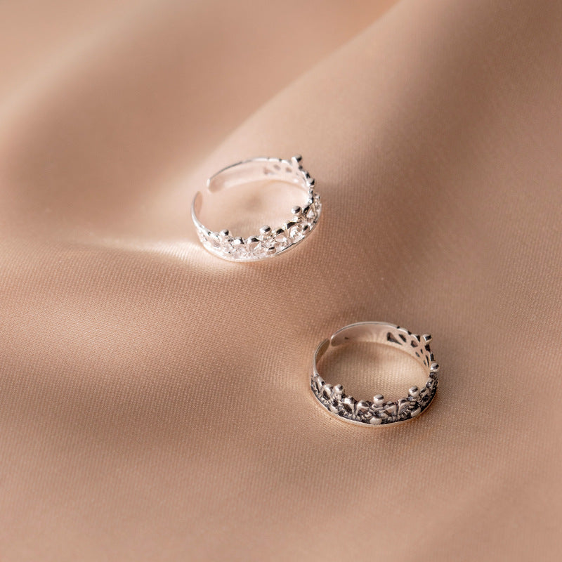 S925 Sterling Silver Hollow Crown Adjustable Ring - Retro Vintage Style