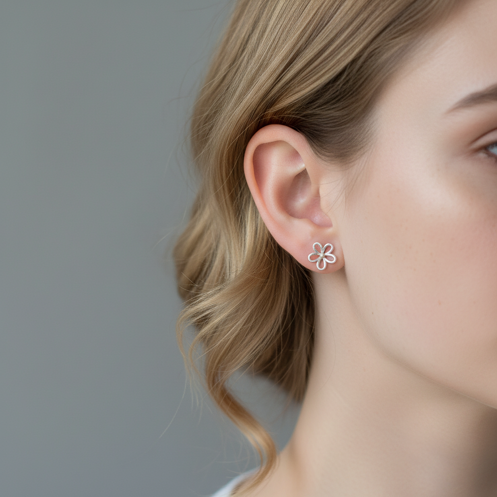 生成一张美国年轻美女带着这副耳钉的特写,不要露出全脸。聚焦在耳钉上。