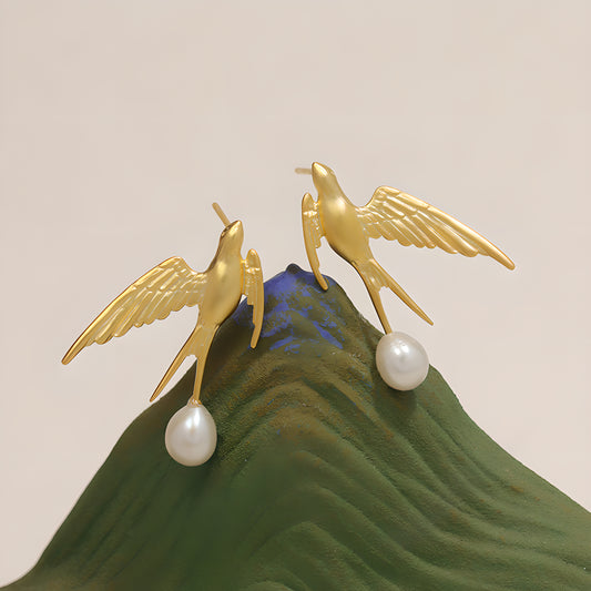 Artistic Flying Swallow Pearl Earrings in 925 Sterling Silver