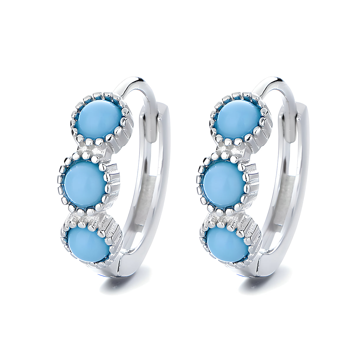Bohemian Blue Turquoise Geometric Hoop Earrings in Sterling Silver