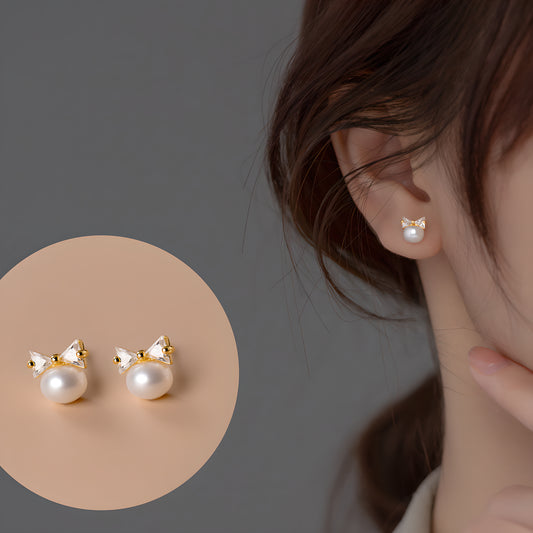 Bow Pearl Stud Earrings S925 Sterling Silver