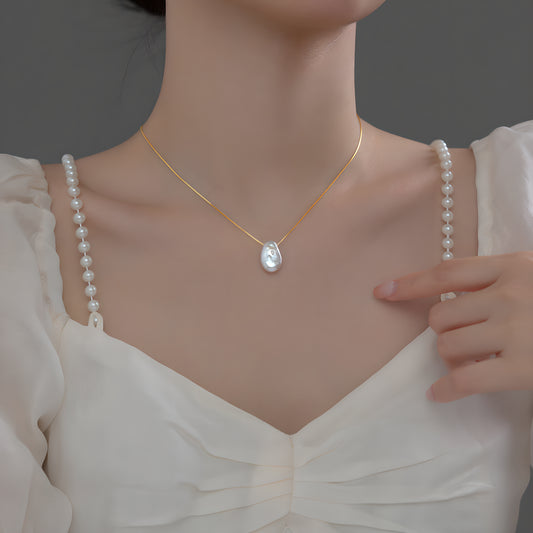 Irregular Flat Pearl Necklace in Gold S925 Sterling Silver Minimalist Design