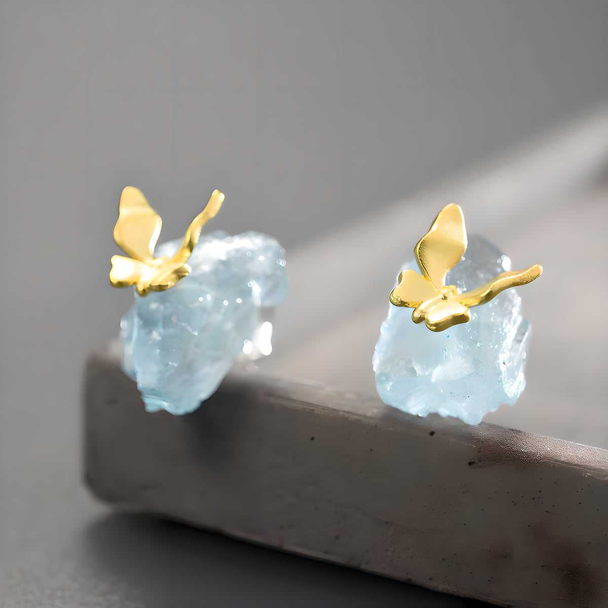 Natural Aquamarine Butterfly Stud Earrings S925 Sterling Silver