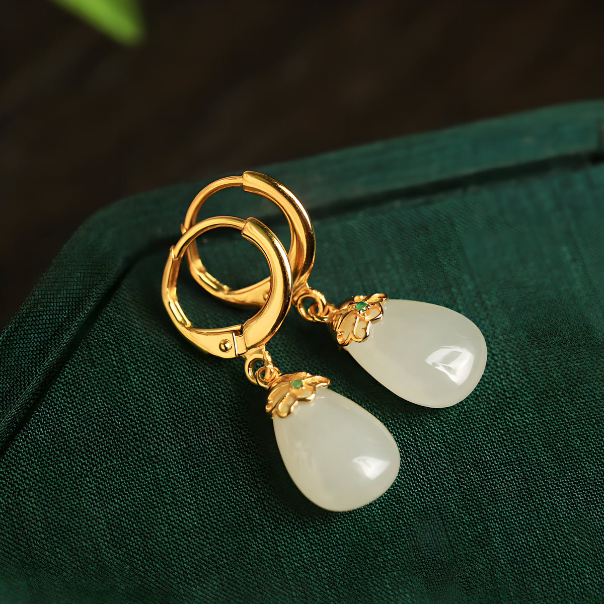 Natural Hetian Jade Water Drop Hoop Earrings