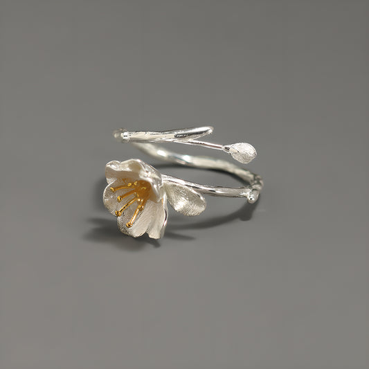 Adjustable S925 Sterling Silver Haitang Flower Open Ring Literary Vintage Style