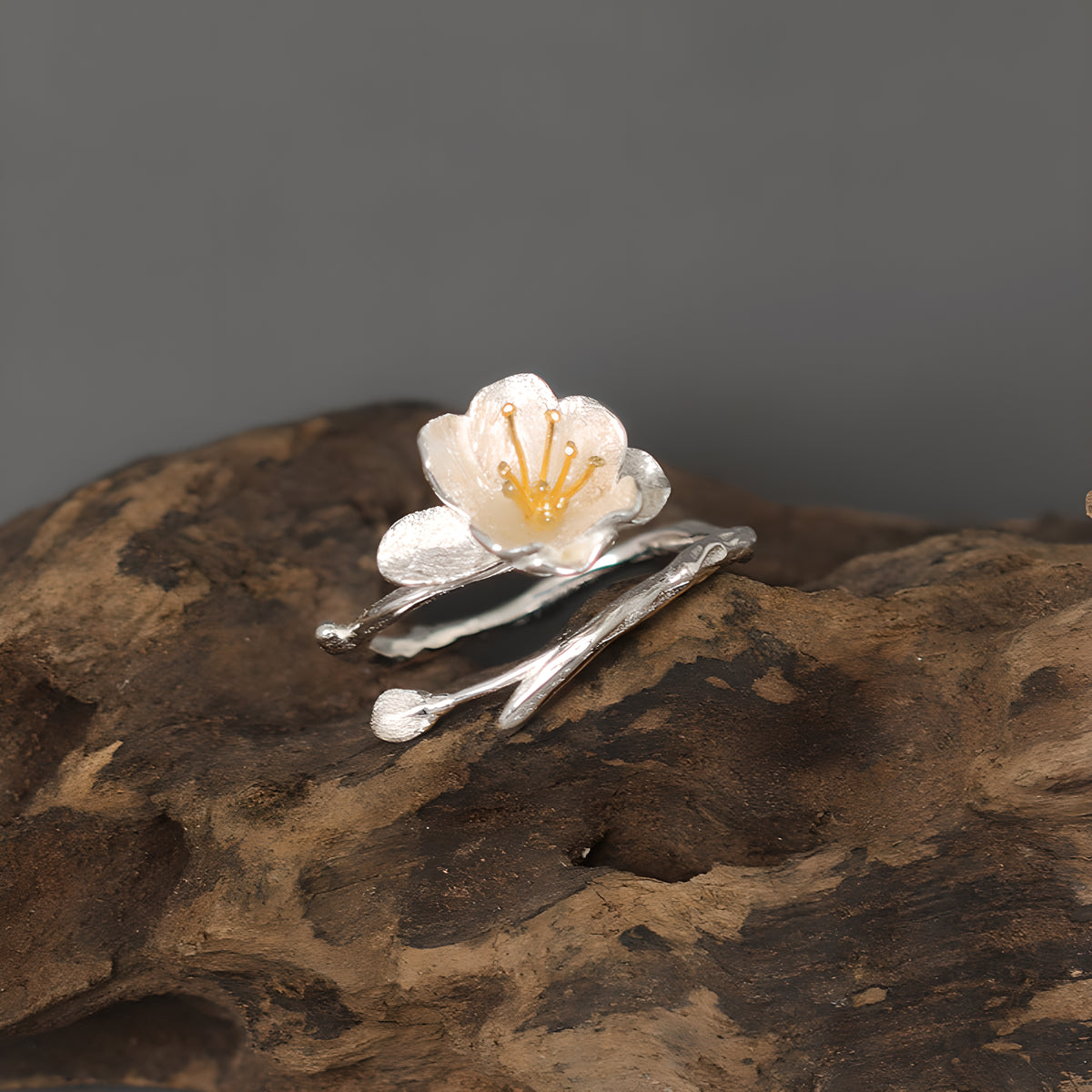 Adjustable S925 Sterling Silver Haitang Flower Open Ring Literary Vintage Style