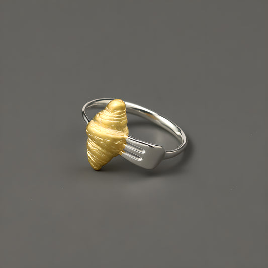 Croissant & Breakfast Fork Adjustable Sterling Silver Ring