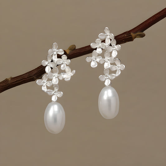 Osmanthus Laurel Pearl Drop Earrings 925 Sterling Silver Literary Romantic Style