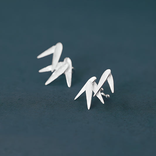 925 Sterling Silver Bamboo Leaf Ear Cuff Earrings - Vintage Chinese Style