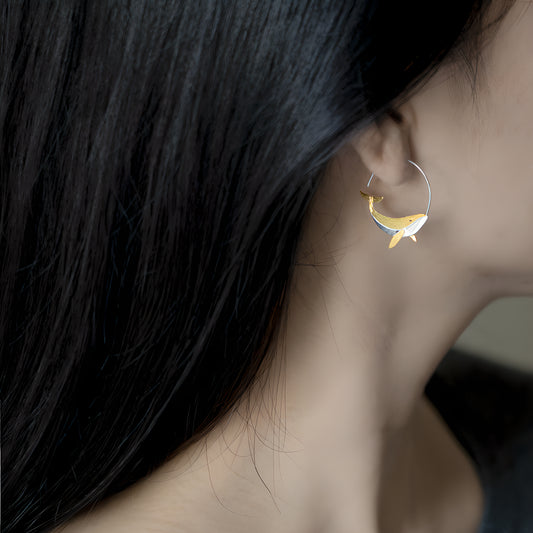 Silver Whale Fish Kunpeng Mythical Creature Literary Art Earrings